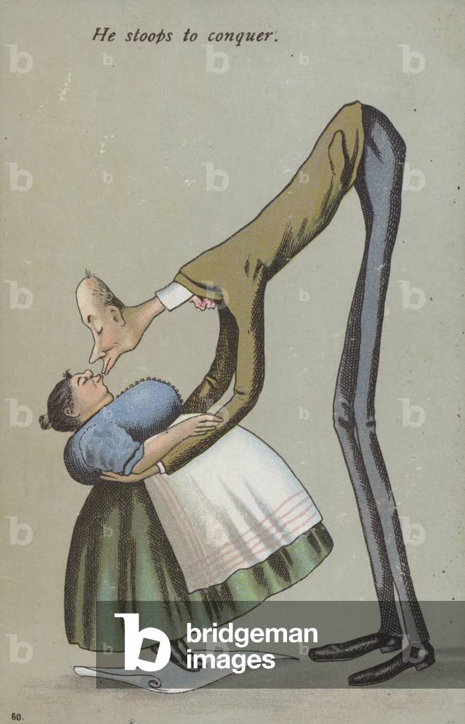 He Stoops To Conquer - tall man kissing short woman (colour litho)