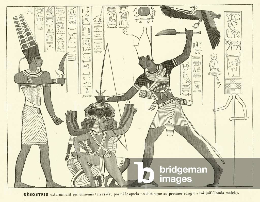 Sesostris, Pharaoh of Ancient Egypt, smiting his enemies (engraving)