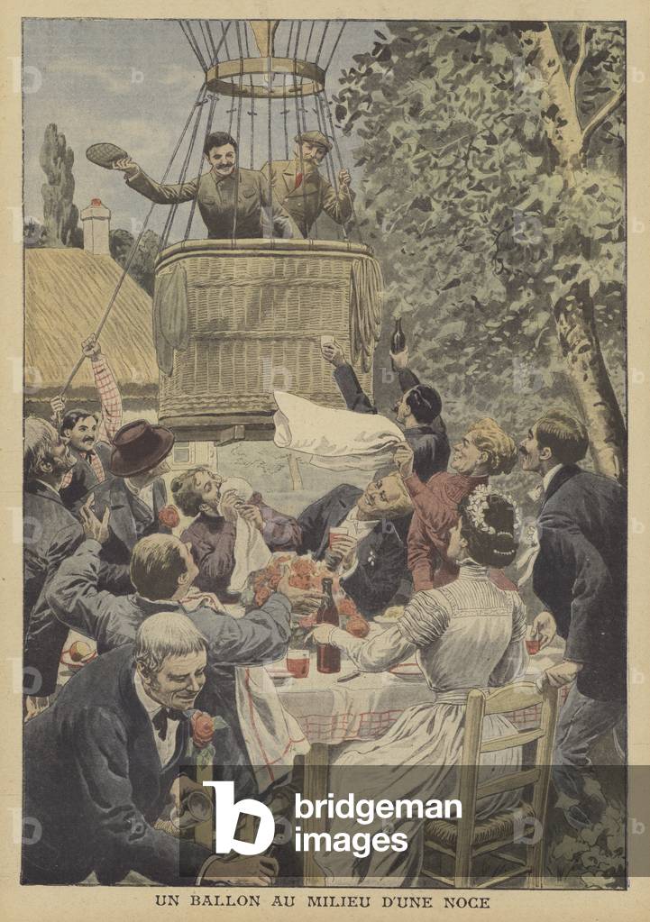 A balloon landing in the middle of a country wedding feast in France (colour litho)