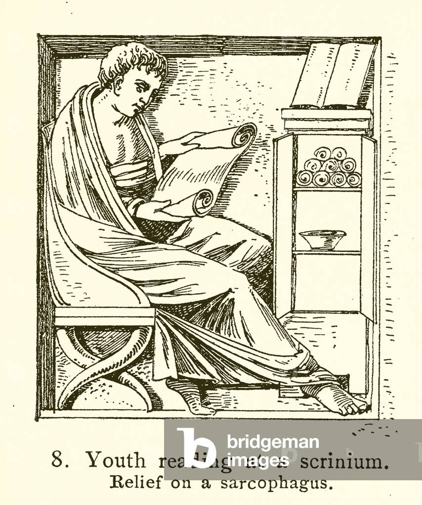 Youth reading at a scrinium (engraving)