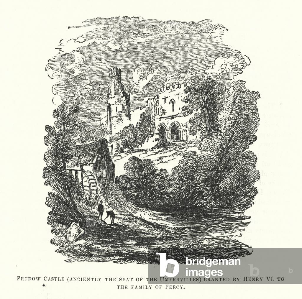 Prudow Castle, anciently the seat of the Umfravilles, granted by Henry VI to the family of Percy (engraving)