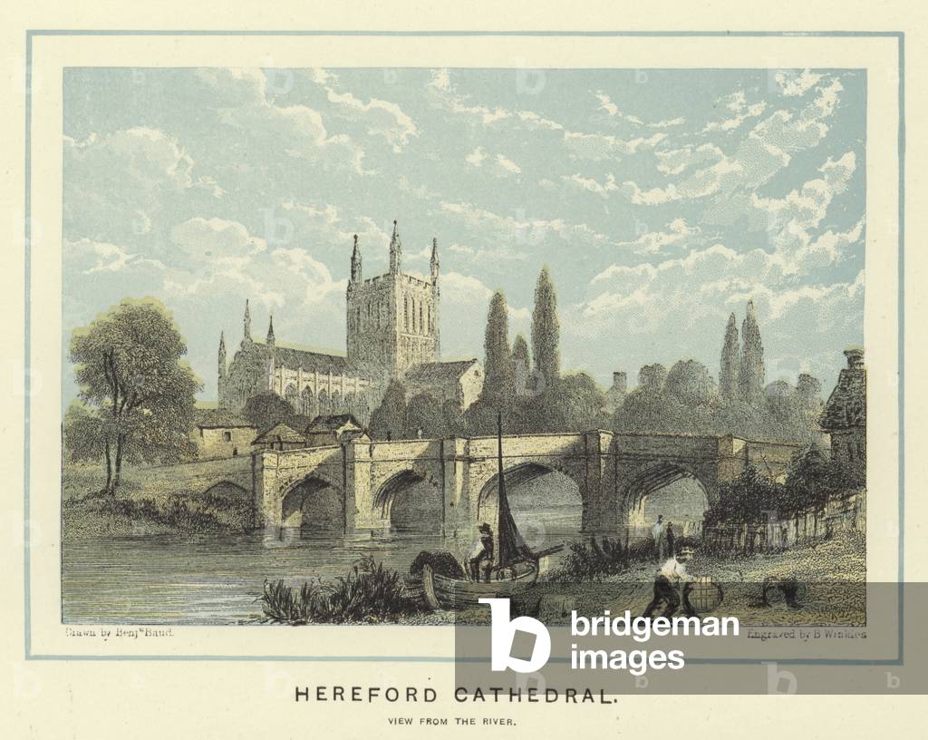 Hereford Cathedral, view from the river (colour litho)