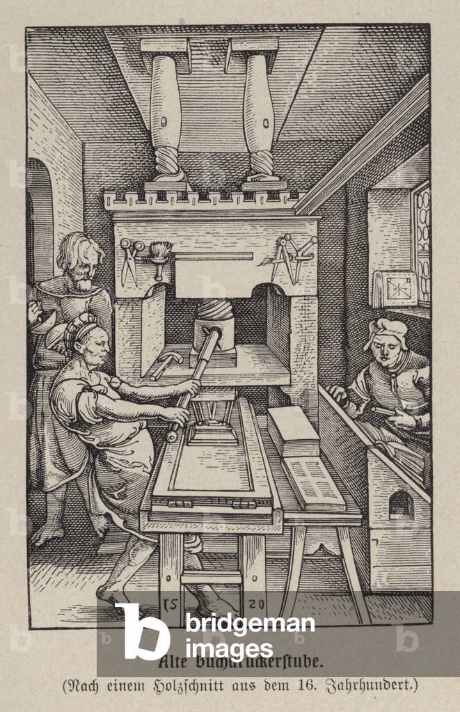 Book printing workshop, 16th Century (engraving)