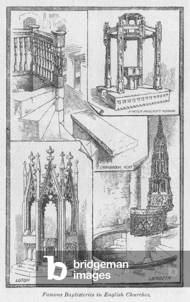 Famous baptisteries in English churches (litho)