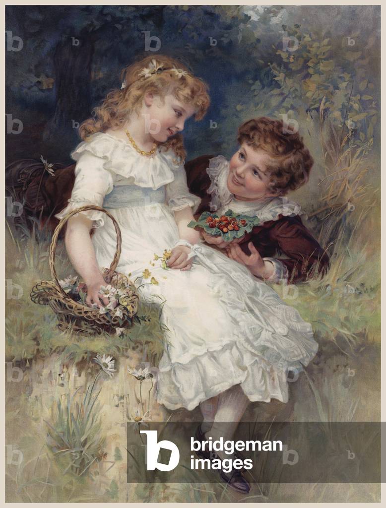 Boy offering wild strawberries to his girl friend (chromolitho)