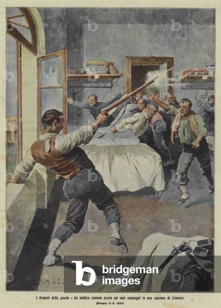 A crime of insanity: an Italian soldier from Rome firing on his comrades in a barracks in Cremona (colour litho)
