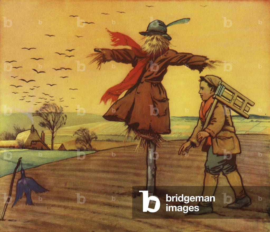 Boy with scarecrow in the English countryside (colour litho)