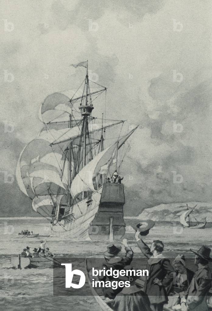 The Pilgrim Fathers sail for the unknown land (litho)