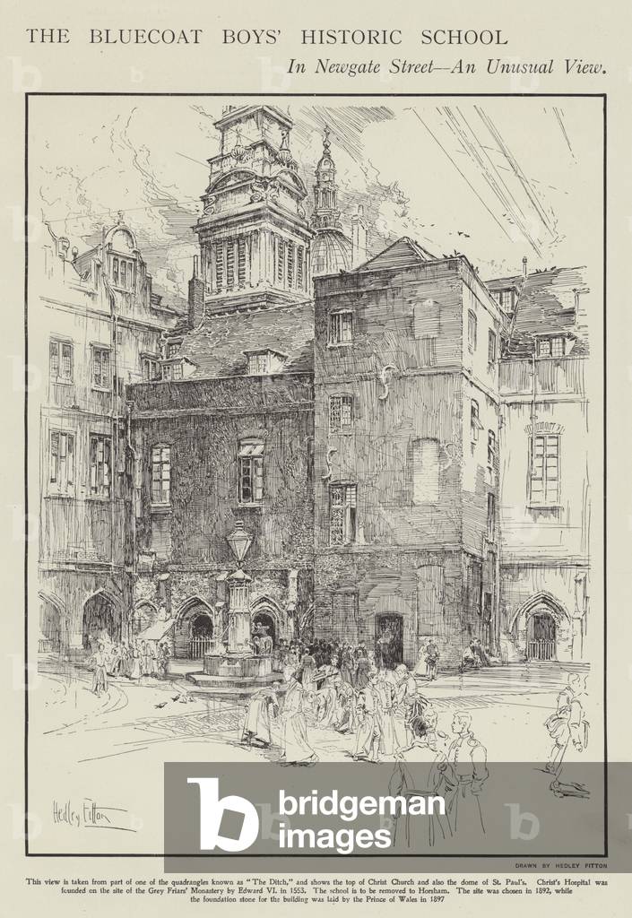 The Bluecoat Boys' Historic School in Newgate Street, London (litho)