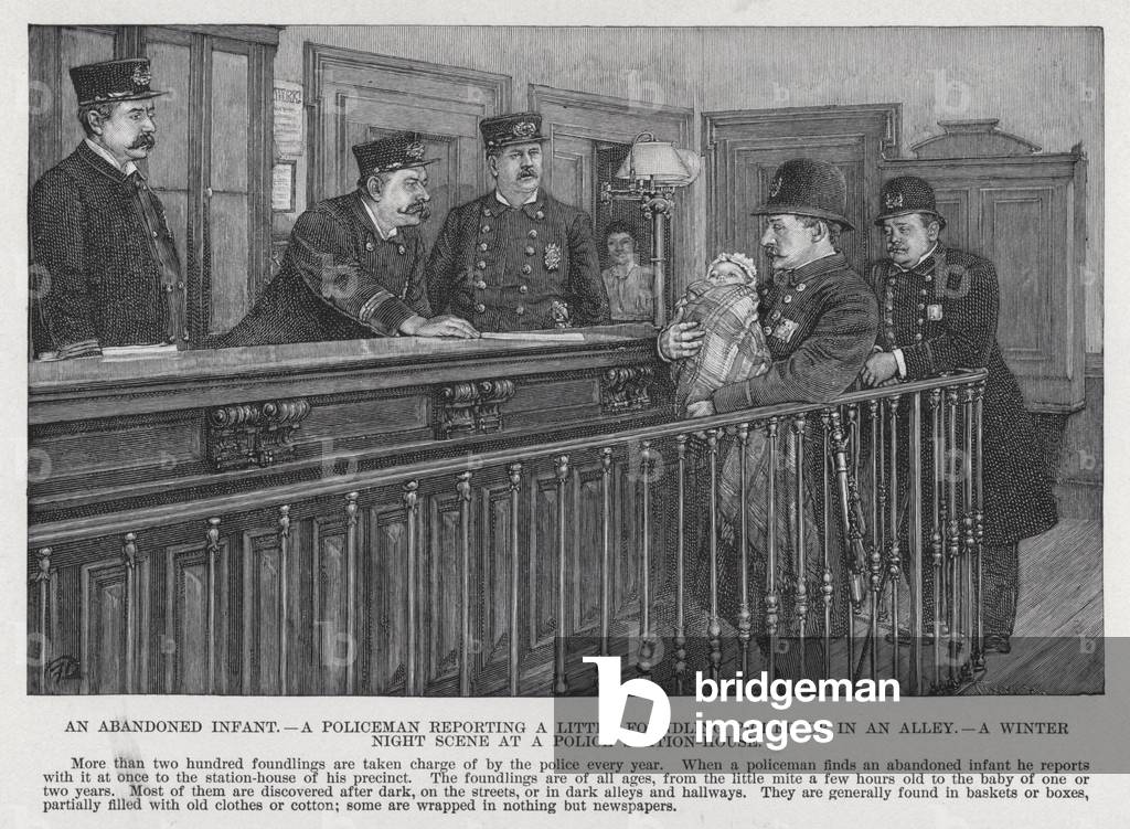 An Abandoned Infant, A Policeman reporting a Little Foundling picked up in an Alley, A Winter Night Scene at a Police Station-House (litho)