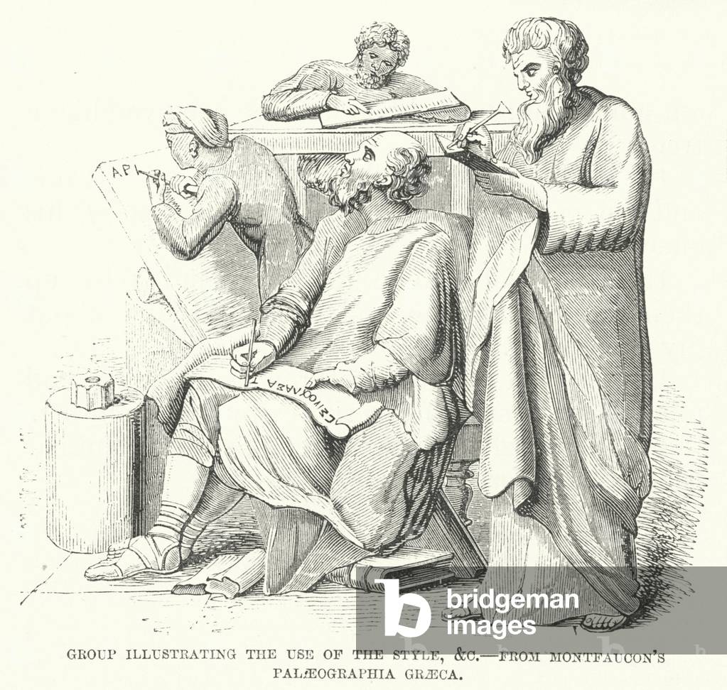 Group illustrating the Use of the Style, etc, from Montfaucon's Palaeographia Graeca (engraving)