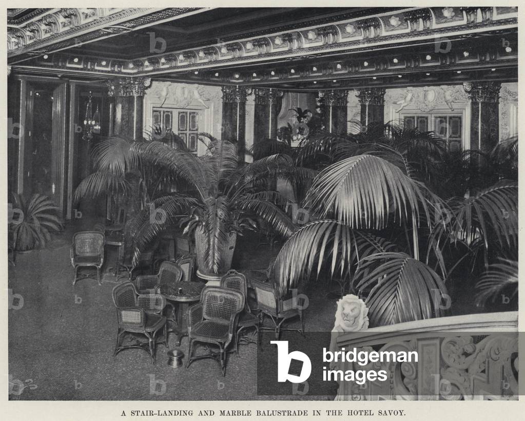 A Stair-Landing and Marble Balustrade in the Hotel Savoy (b/w photo)