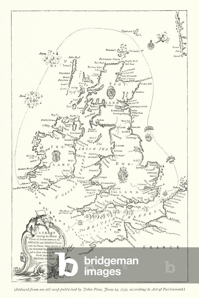 A chart shewing the several places of action between the English and Spanish fleets, with the places where several of the Spanish ships were destroyed in their return to Spain, north about the Bristish Islands (engraving)