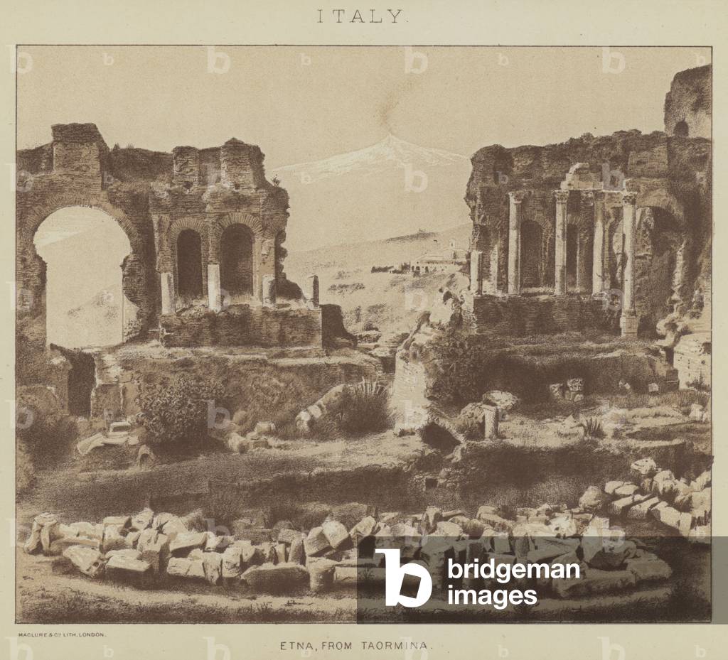 Italy, Etna, from Taormina (litho)