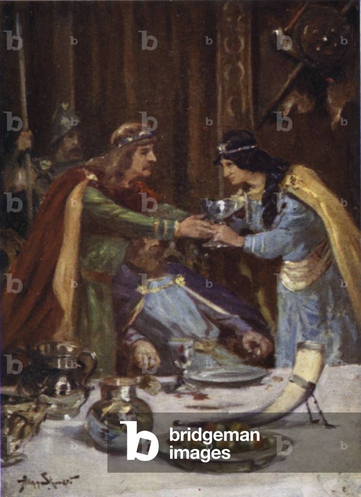 The Queen hands the drugged cup to Ethelbert (colour litho)