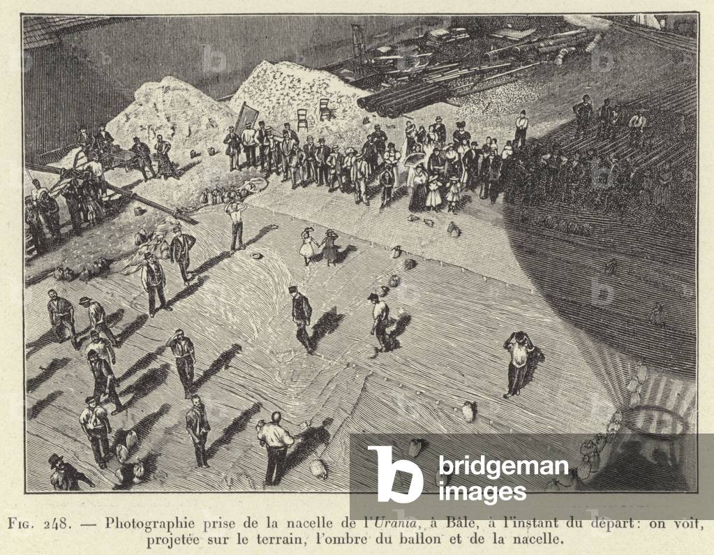 Photographie prise de la nacelle de l'Urania, a Bale, a l'instant du depart: on voit, projetee sur le terrain, l'ombre du ballon et de la nacelle (engraving)