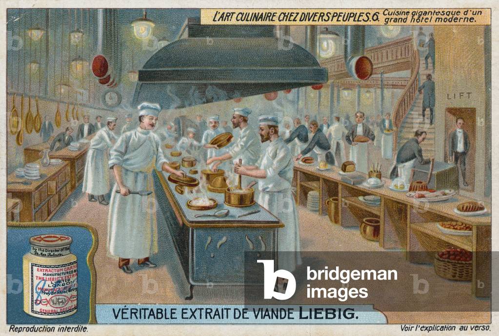 Huge kitchen of a large modern hotel (chromolitho)