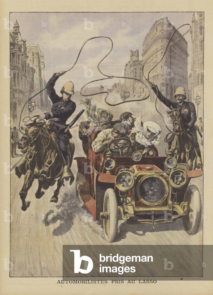 Speeding motorists being lassoed by mounted police in San Francisco (colour litho)