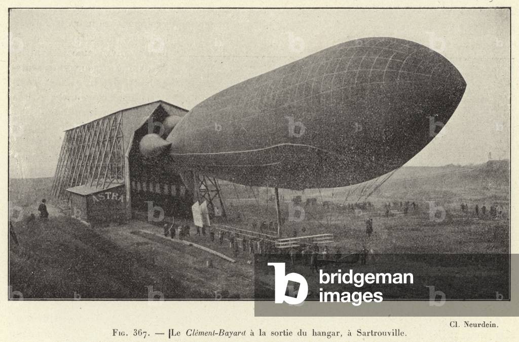 Le Clement-Bayard a la sortie du hangar, a Sartrouville (engraving)