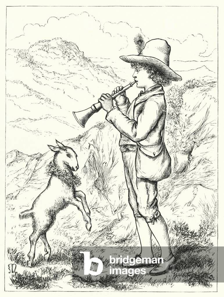 Boy playing pipe (engraving)