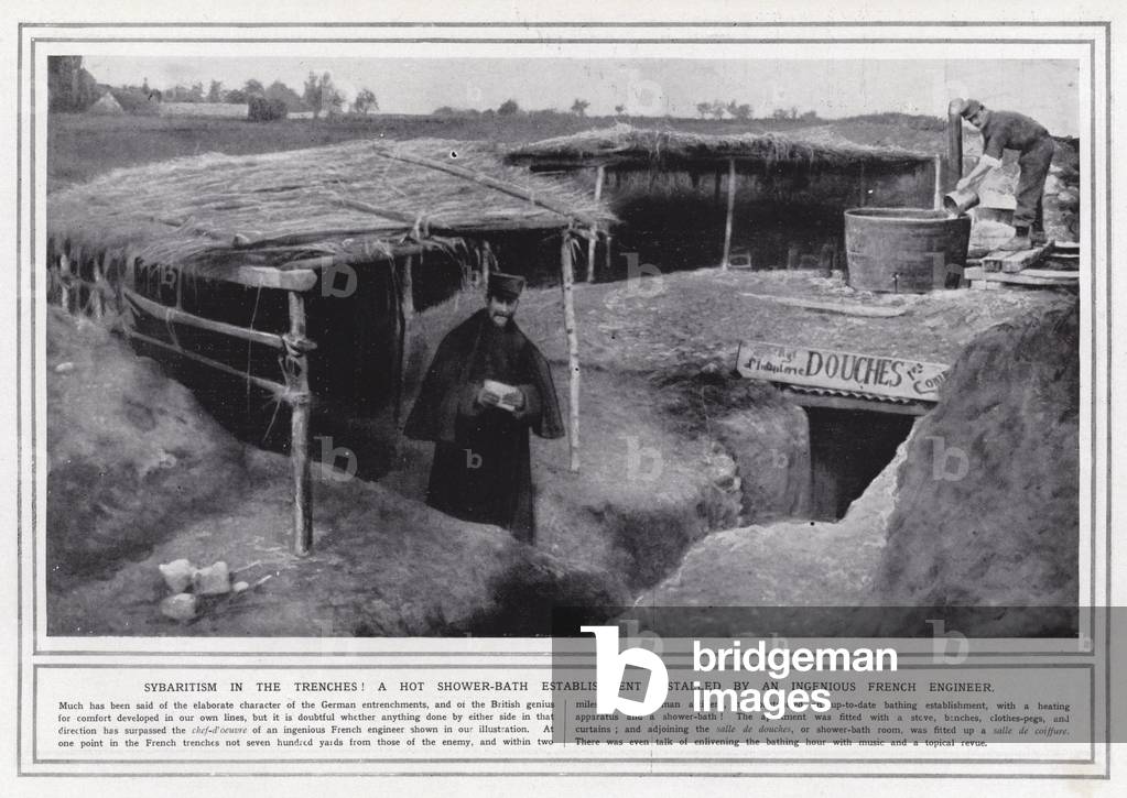 Sybaritism in the trenches! A hot shower-bath establishment installed by an ingenious French engineer (b/w photo)