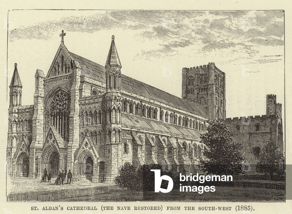St Alban's Cathedral, the nave restored, from the south-west, 1885 (engraving)