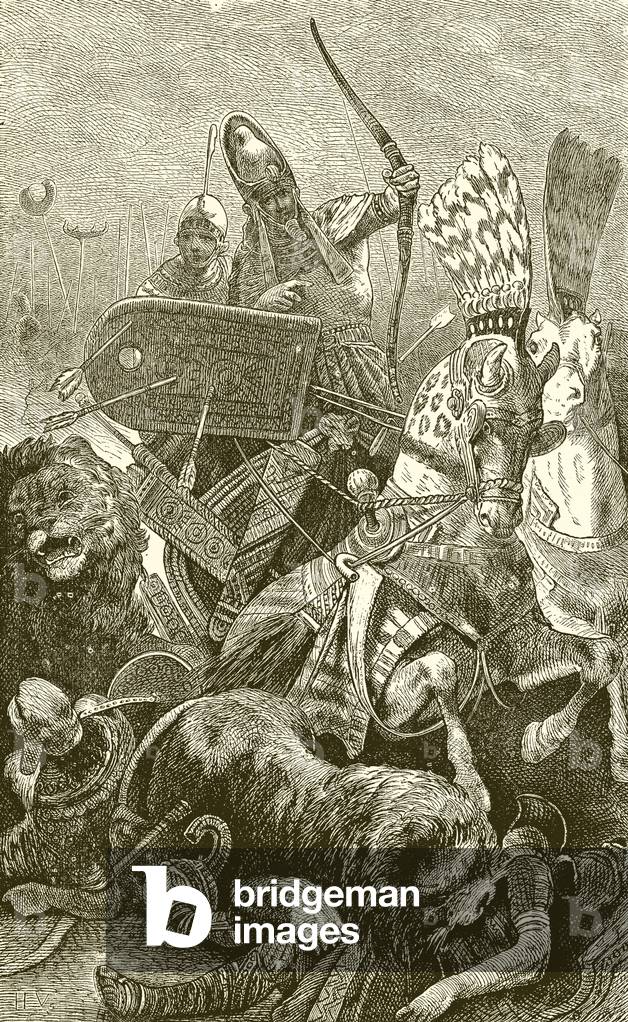 The Great Sesostris (Rameses II) in the Battle of Kadesch (engraving)