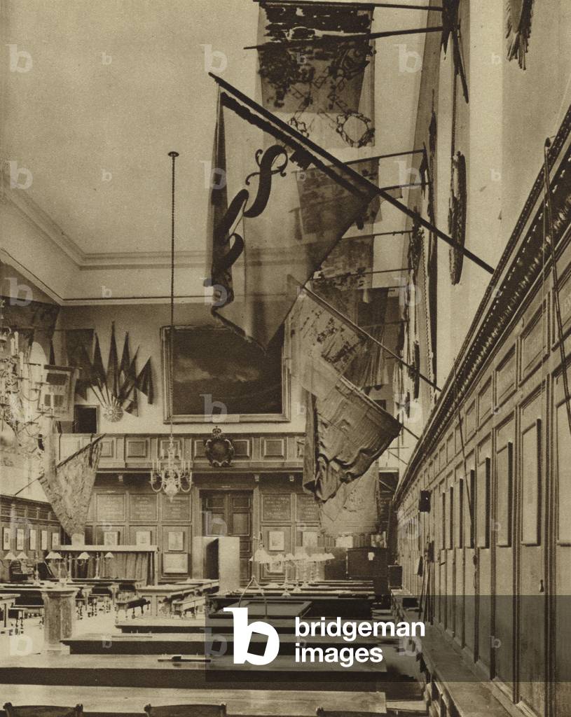 Regimental colours hanging in the hall of the Royal Hospital Chelsea (b/w photo)