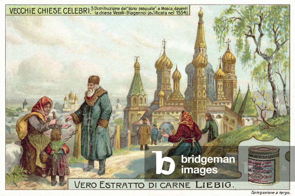 Giving of Easter alms in front of St Basil's Cathedral, Moscow (chromolitho)