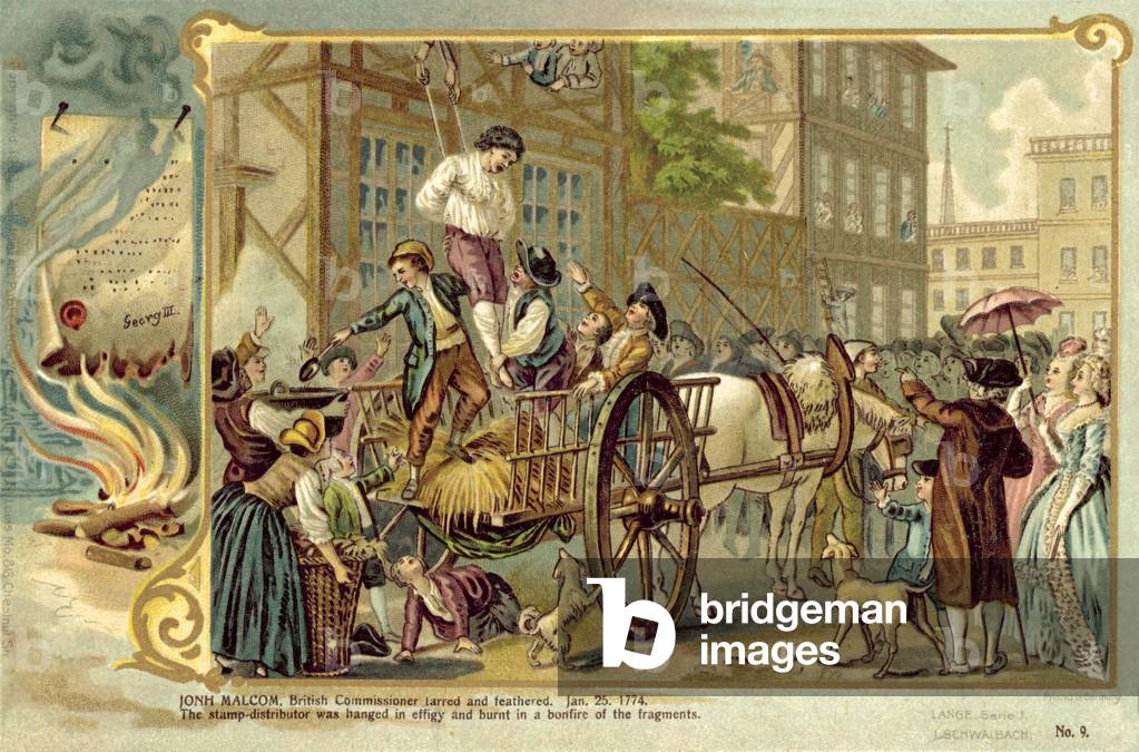 John Malcolm, British Commissioner, tarred and feathered, 25 January 1774 (colour litho)