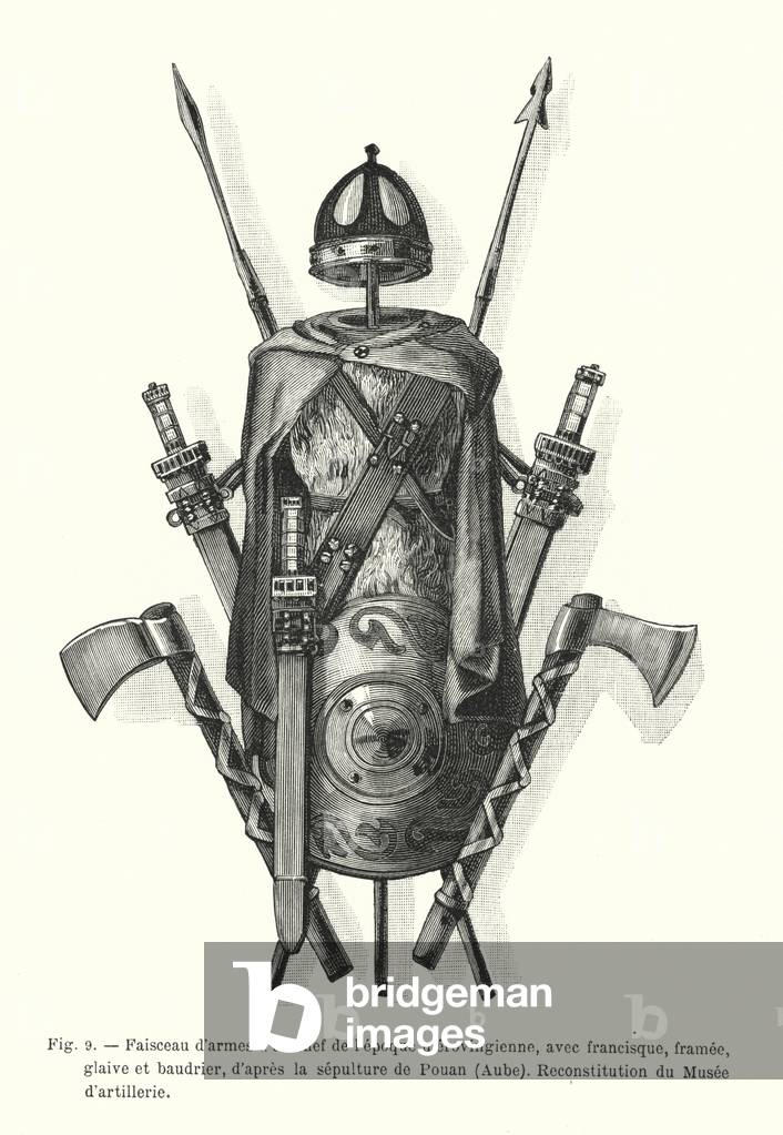 Faisceau d'armes d'un chef de l'epoque merovingienne, avec francisque, framee, glaive et baudrier, d'apres la sepulture de Pouan, Aube, Reconstitution du Musee d'artillerie (engraving)