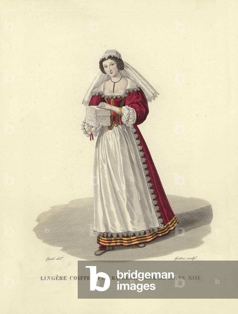 Seamstress wearing a valance, reign of Louis XIII of France (coloured engraving)