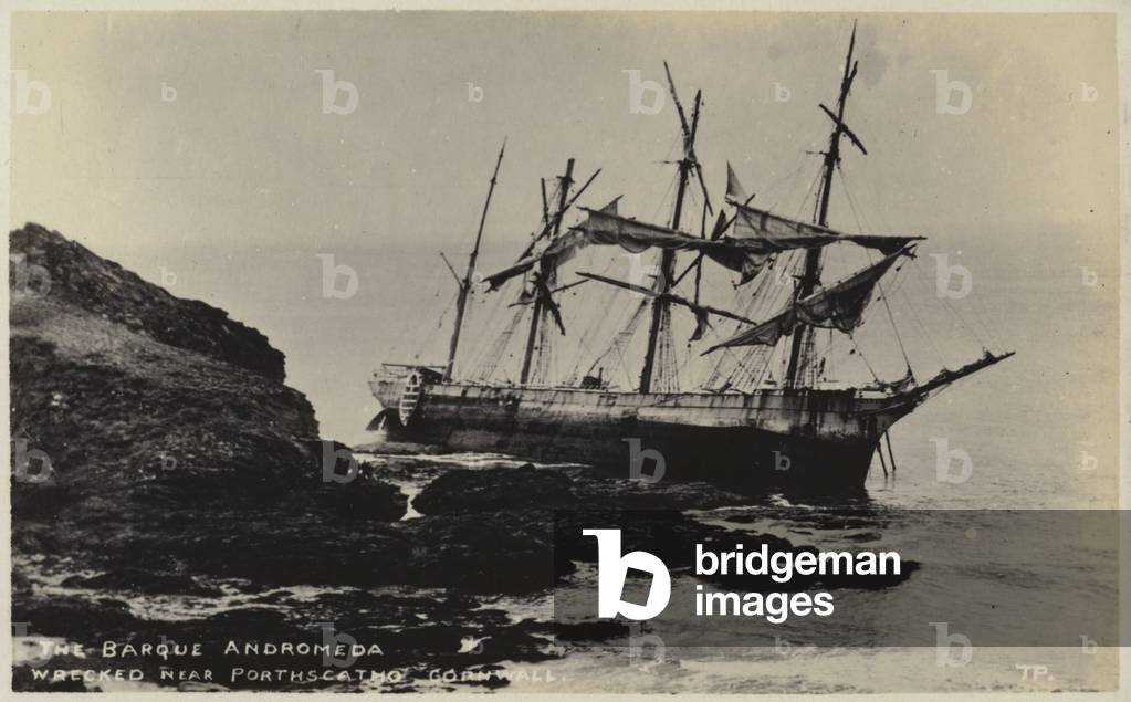 Wreck of the sailing ship Andromeda, near Porthscatho, Cornwall, 1915 (b/w photo)