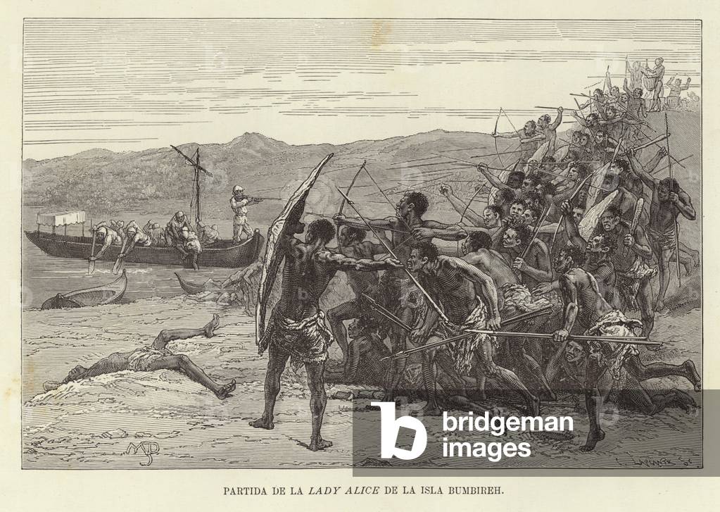 Departure of the Lady Alice from Bumbireh Island (engraving)