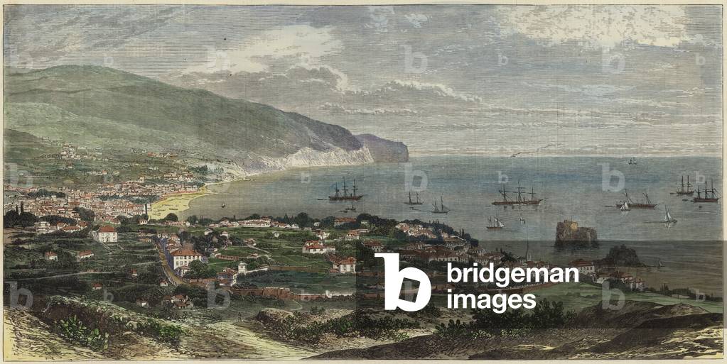 Bay and town of Funchal (coloured engraving)