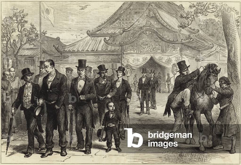 Japanese government officials returning from paying their respects to the Mikado (engraving)