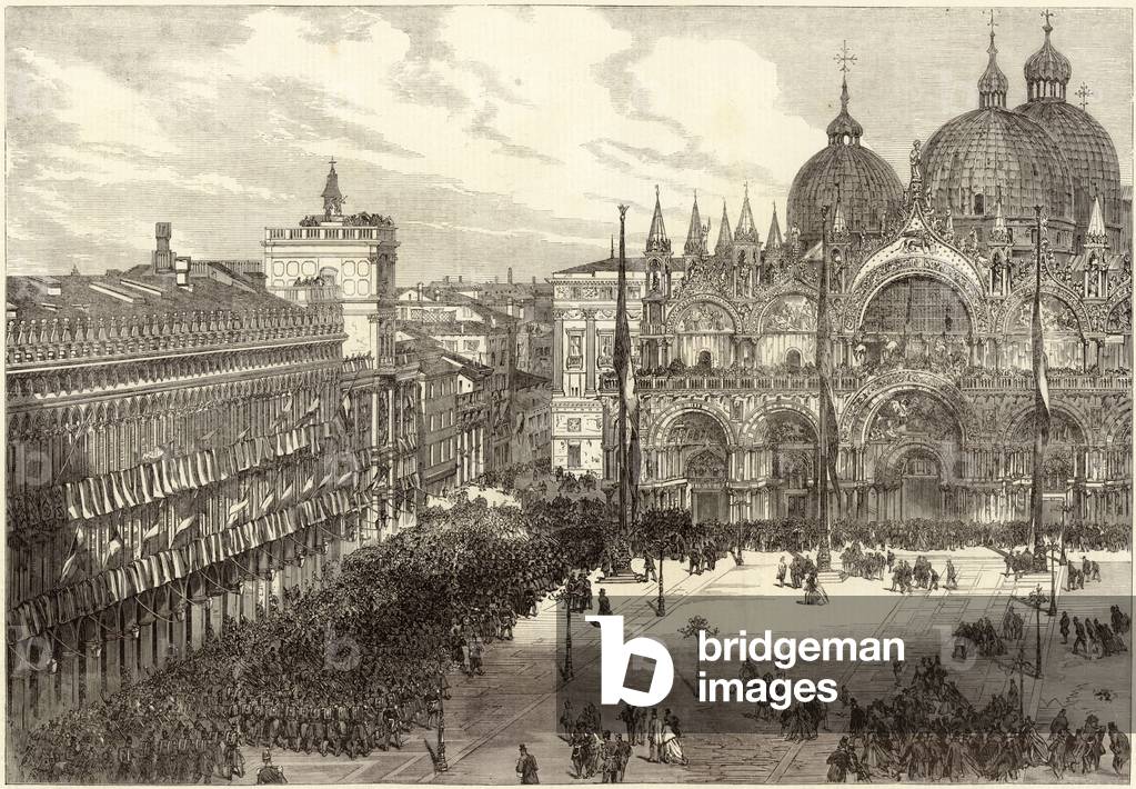 Reception of the Italian troops in front of St Mark's Cathedral (engraving)