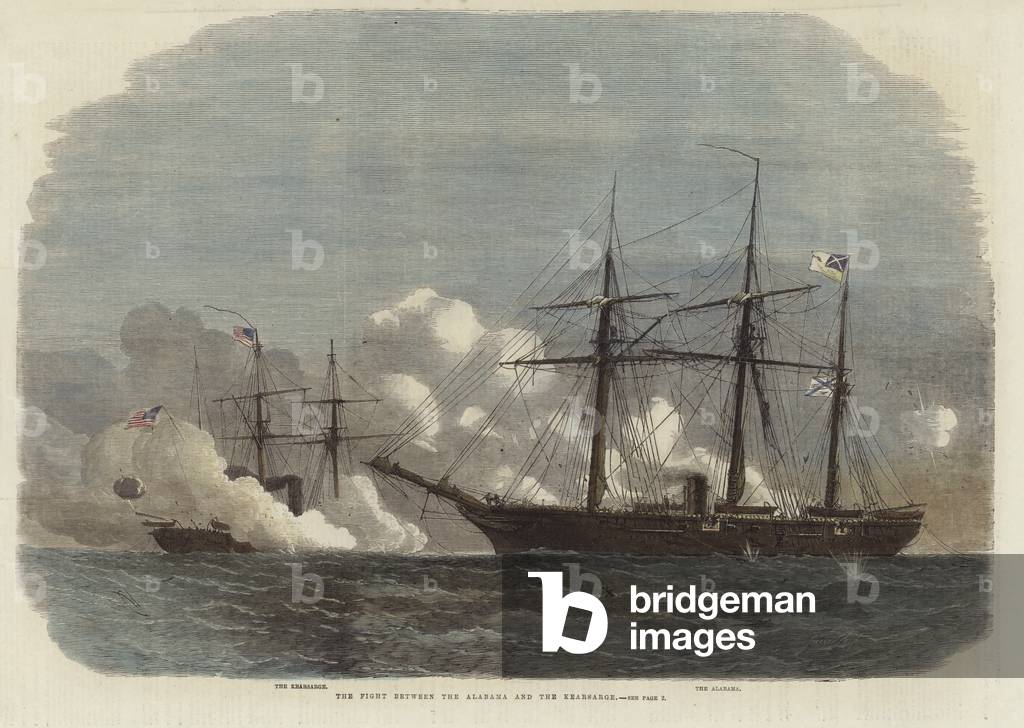 The fight between the Alabama and the Kearsarge (coloured engraving)
