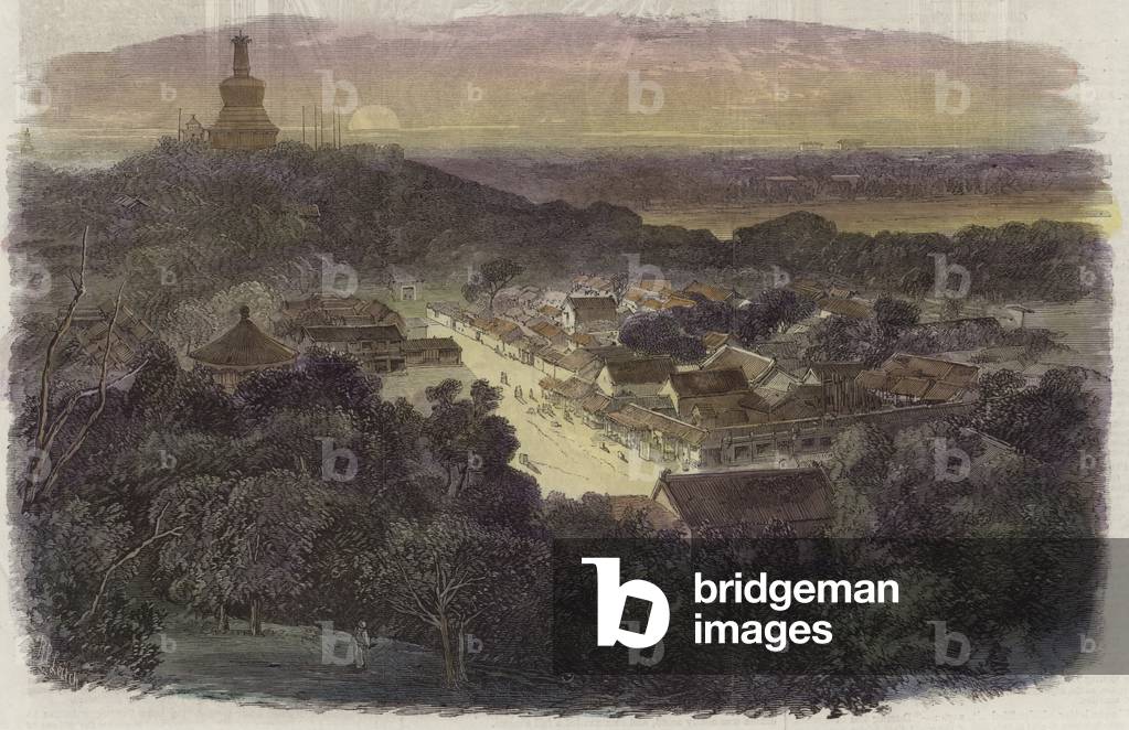 View of the gardens and the buddhist temple in the Imperial City (coloured engraving)