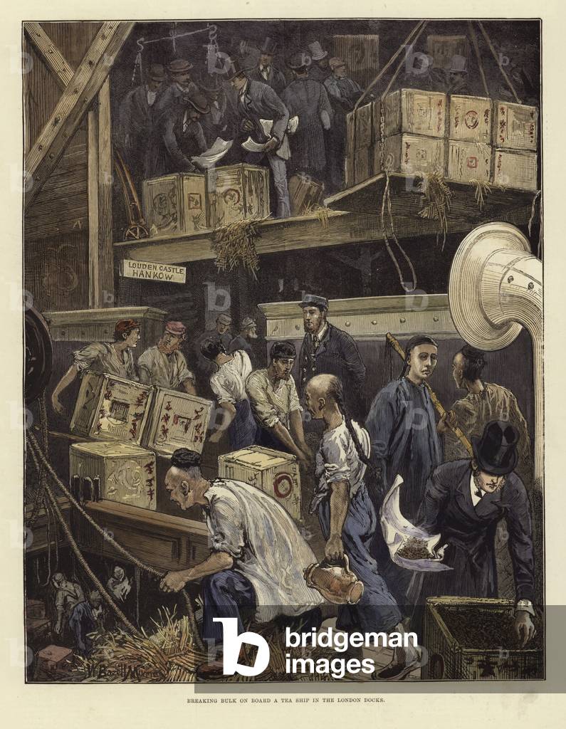 Breaking bulk on board a tea ship (coloured engraving)