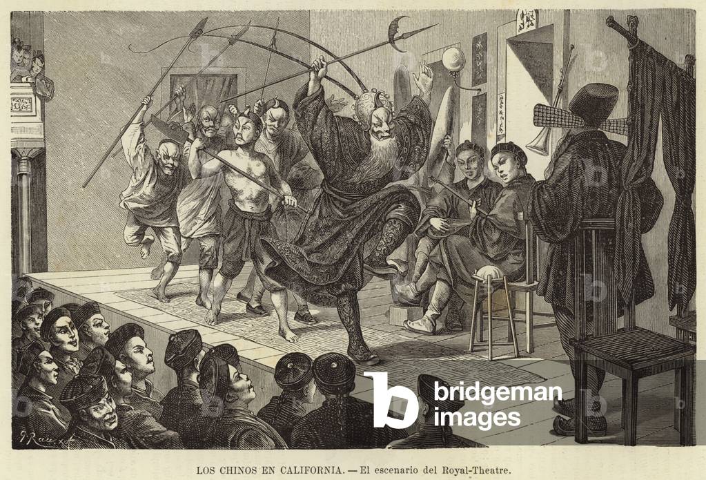 The Chinese in California - The stage of the Theatre Royal (engraving)