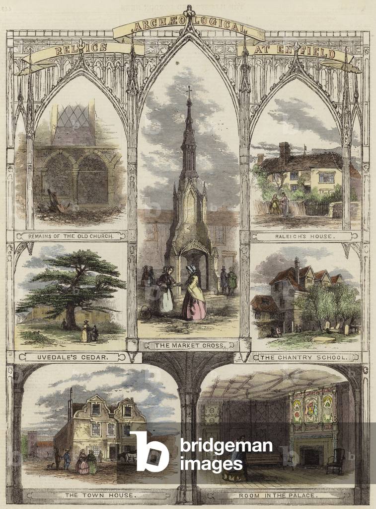 Archeological relics at Enfield (coloured engraving)