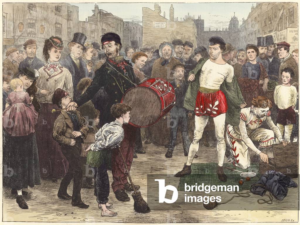 London street acrobats (coloured engraving)