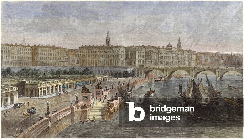 Landing stairs and ornamental gardens between Hungerford and Waterloo Bridges (coloured engraving)
