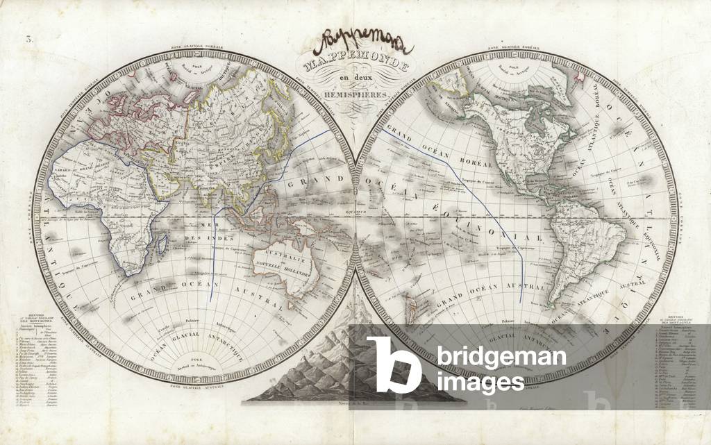 World map in two hemispheres (colour engraving)