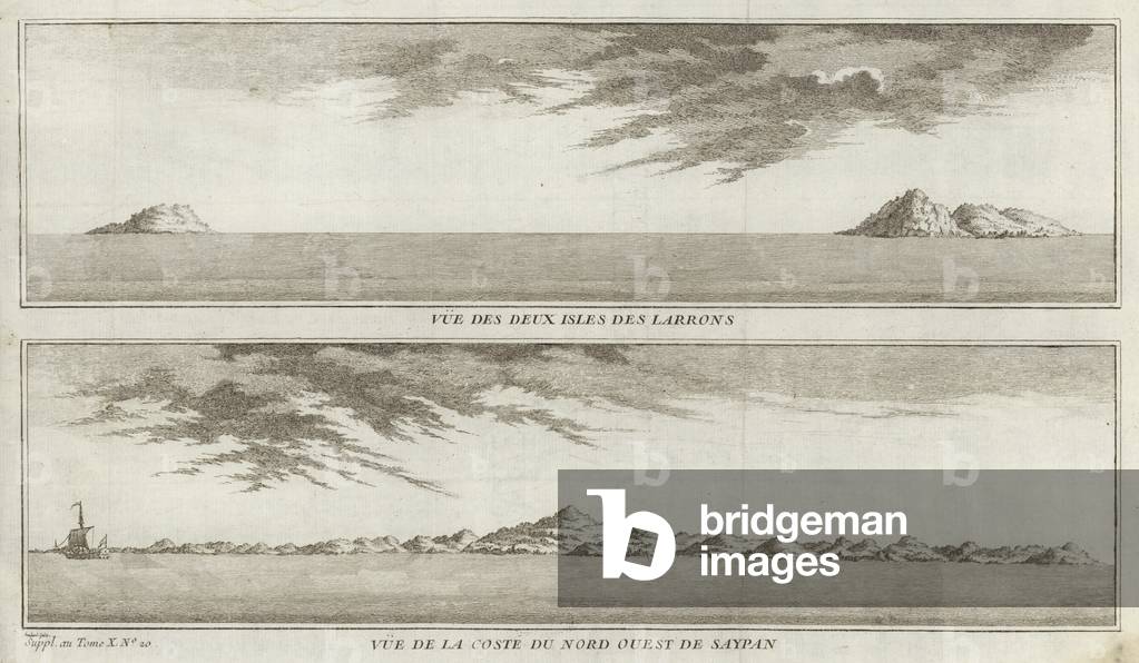 Views of the Mariana Islands and the coast of Northwestern Saipan (engraving)