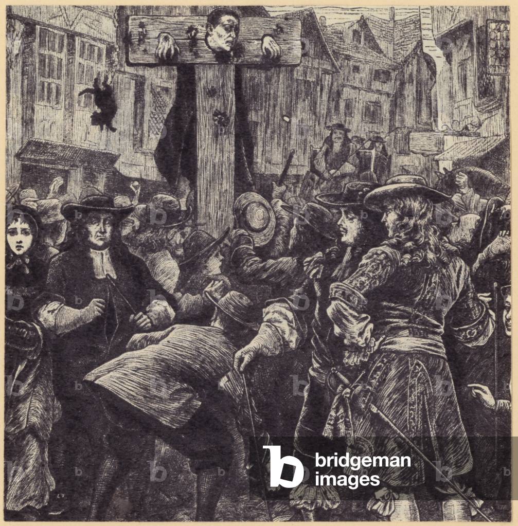 A crowd gathered before a man who stands in the stocks (engraving)