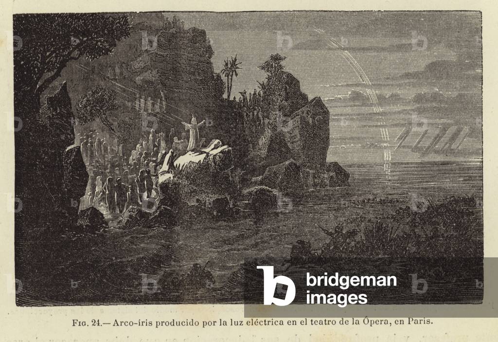 Rainbow produced by electric light in the theater of the Opera in Paris (engraving)