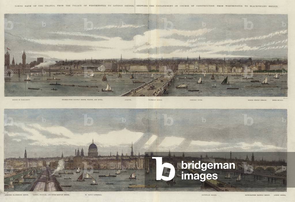 North bank of the Thames (coloured engraving)