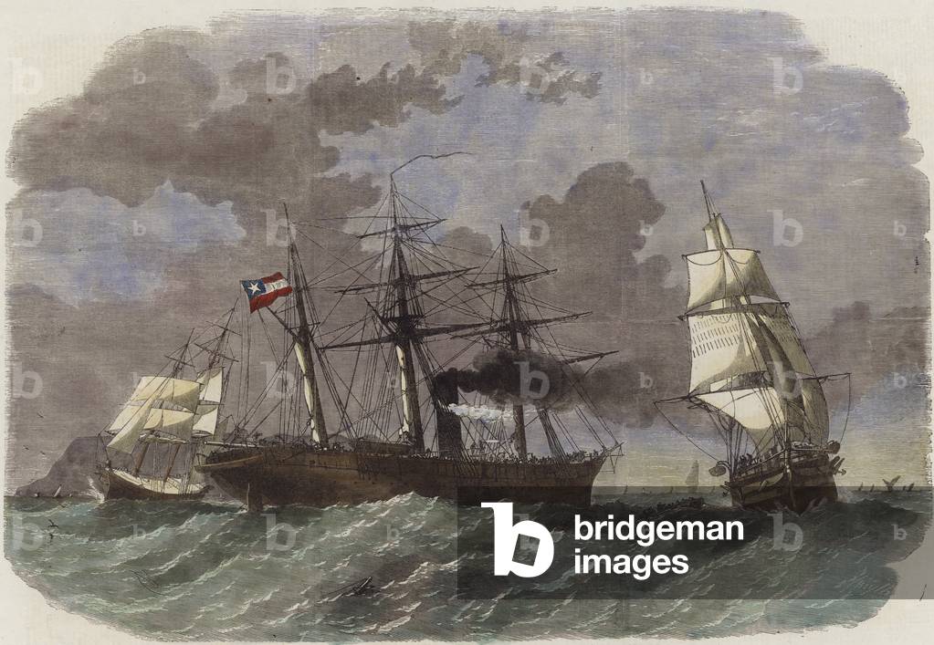 The Confederate sloop-of-war Sumter capturing two Federal merchantmen off Gibraltar (coloured engraving)